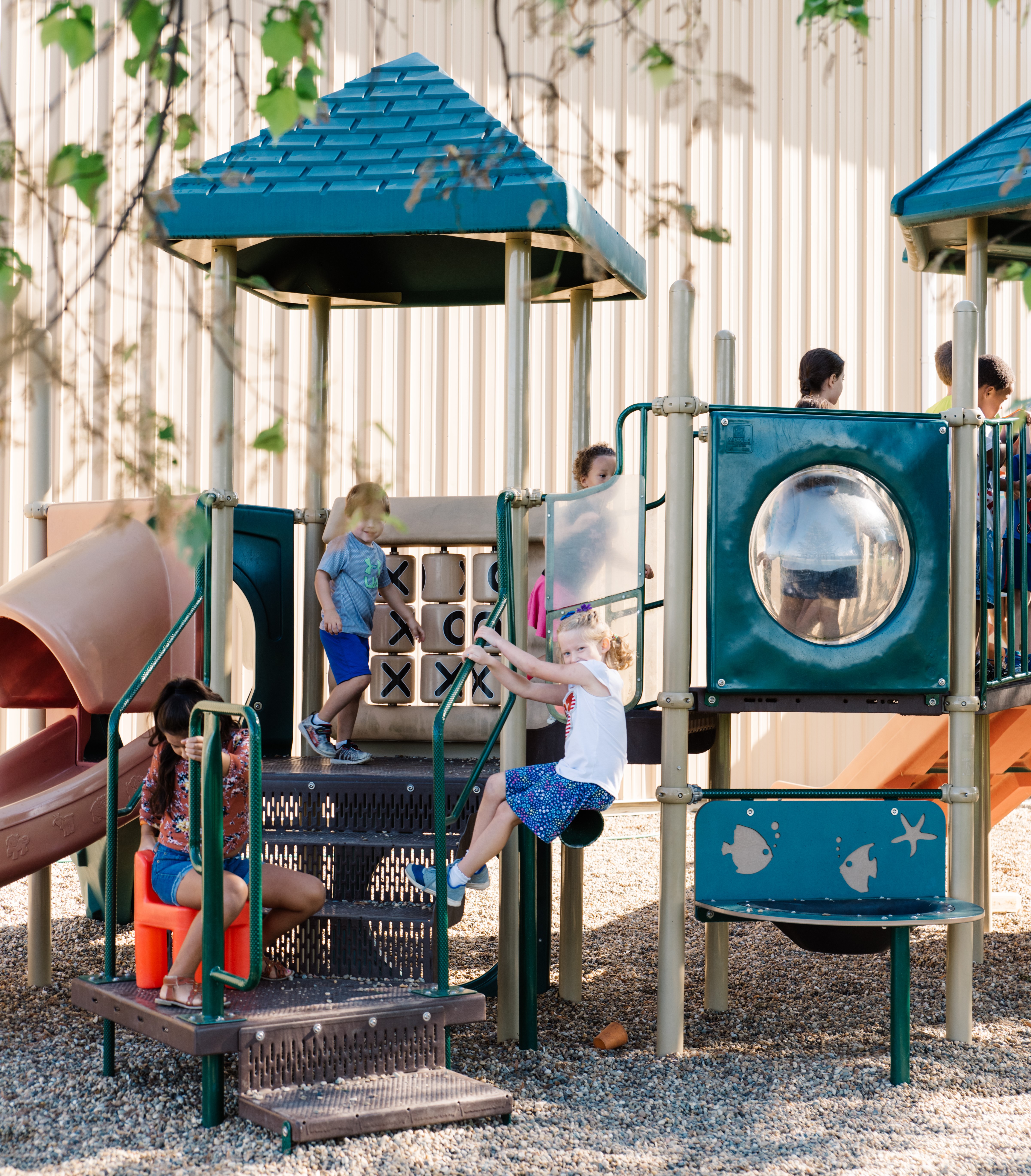 Children play on a playground. 
