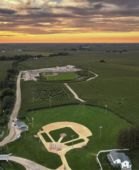 Drone shot of the field of dreams in dyserville iowa