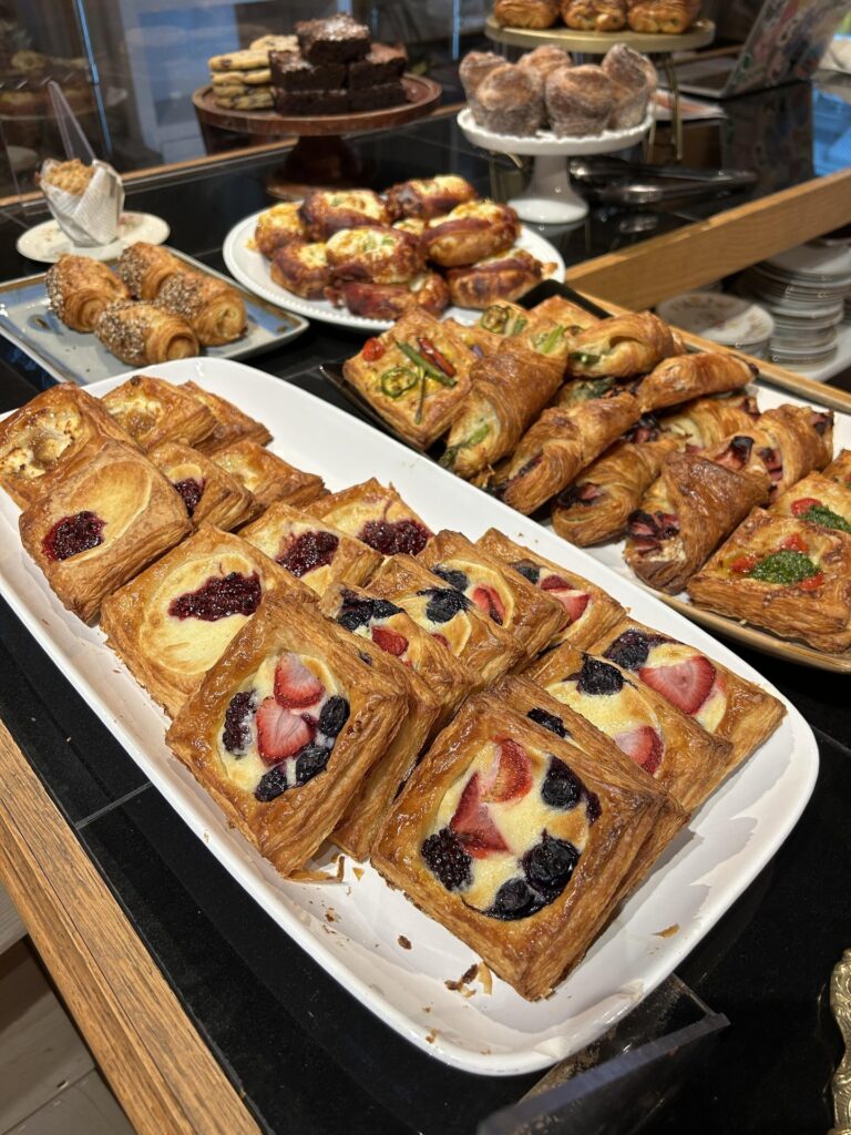 pastries on display at a bakery