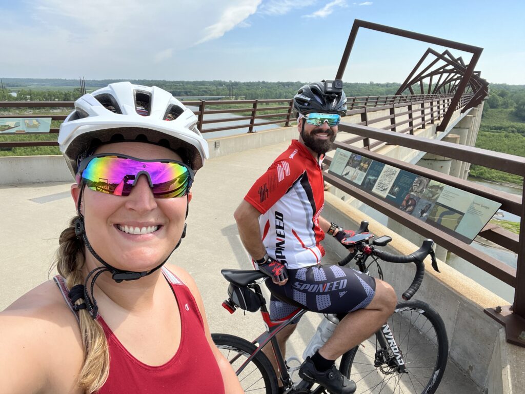 two people biking at the high trestle trail in iowa