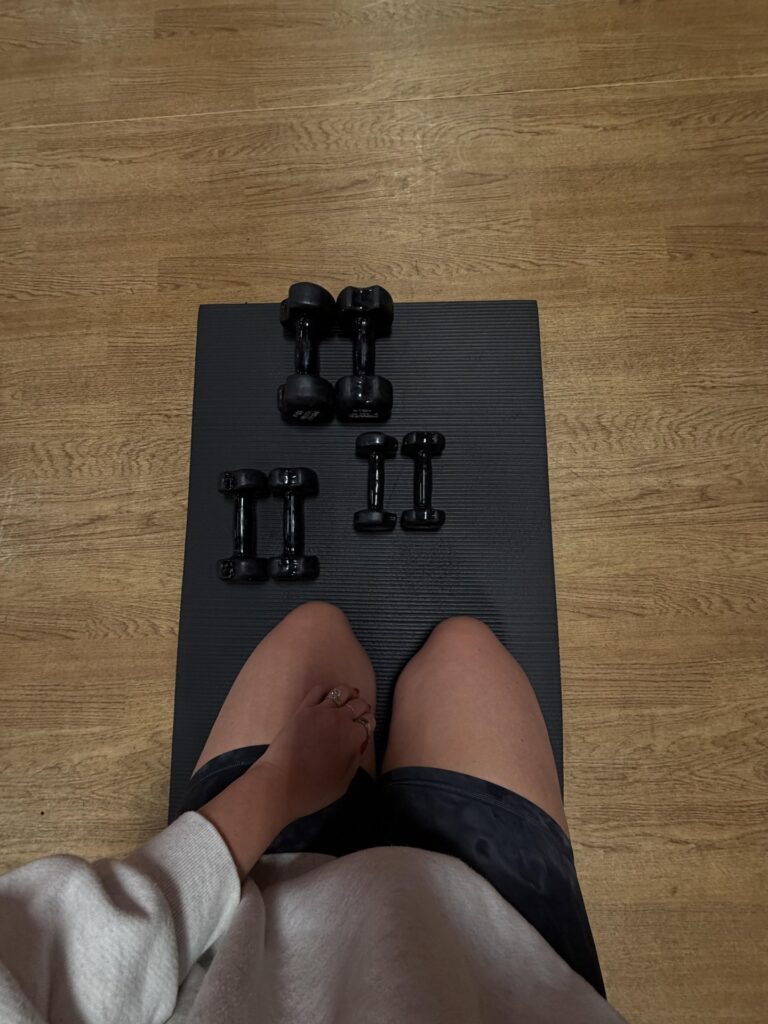 overhead shot of someone kneeling on a workout mat with dumbbell weights