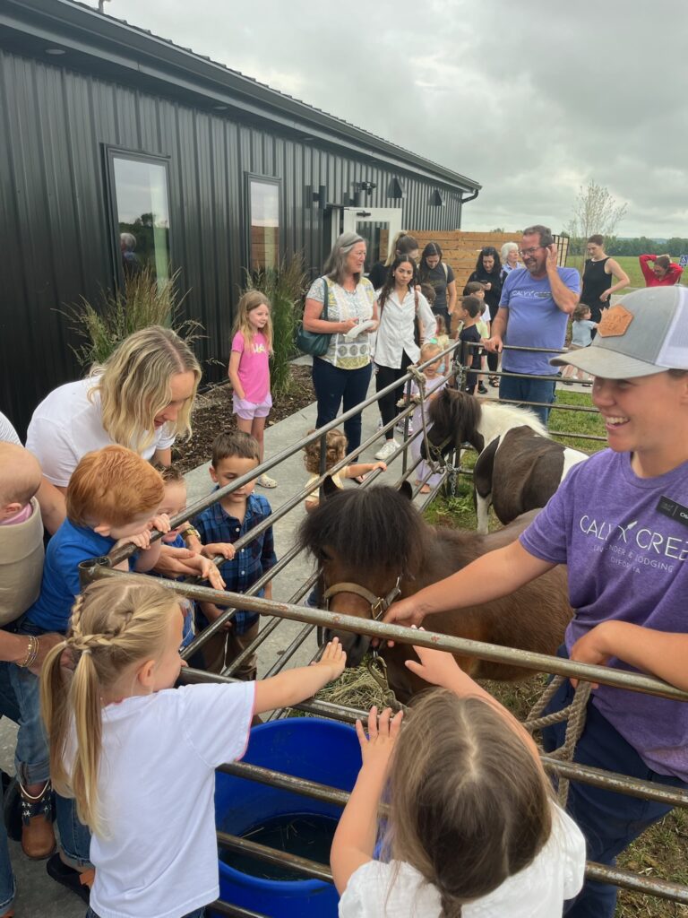 A group of children petting a miniature pony.